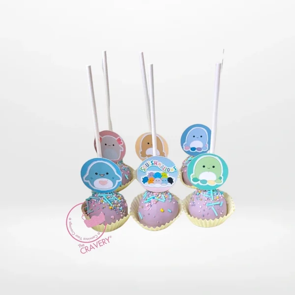 Squishmallows themed cake pop cake with colourful character cake pops for birthday celebrations in Birmingham.