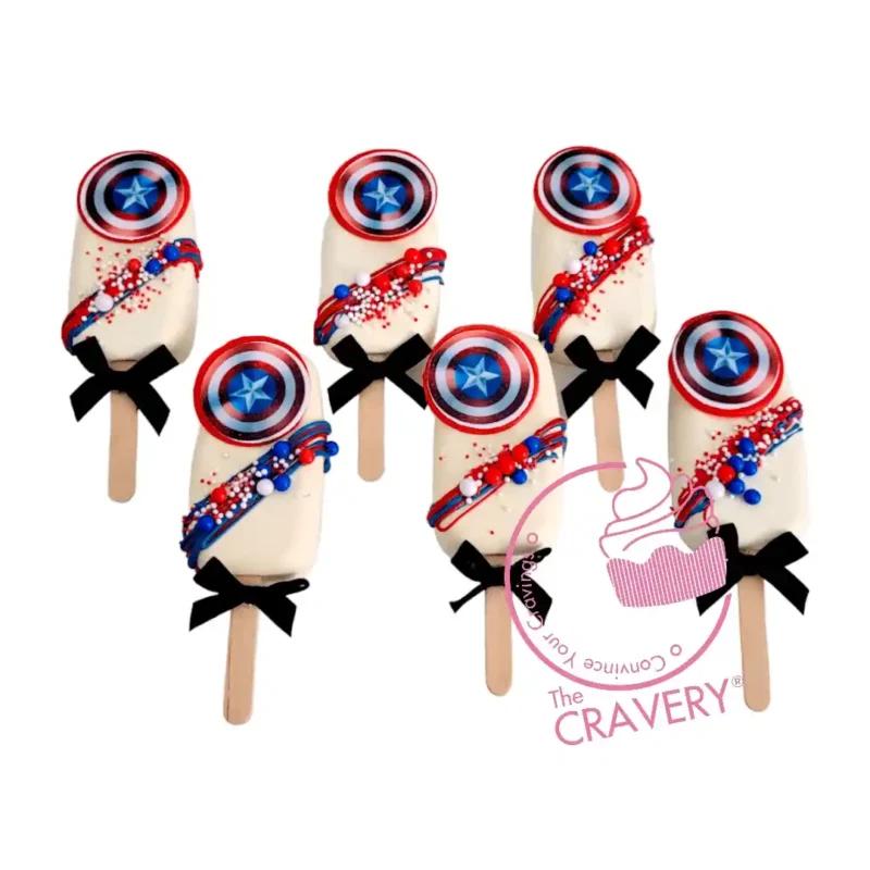 Captain America Cakesicles by The Cravery Captain America superhero themed cakesicles from The Cravery Birmingham