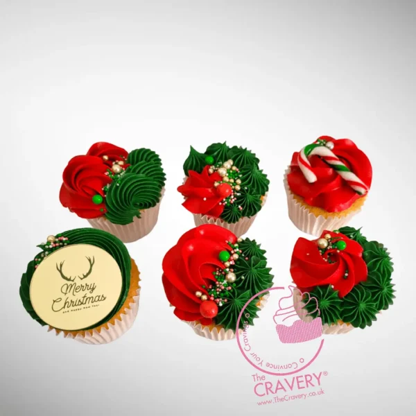 Christmas cupcakes decorated with festive buttercream and edible holiday toppings, freshly made for cake Birmingham customers.