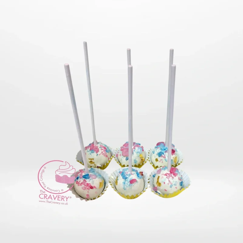 Gender Reveal Cakepops, Cake Shop Birmingham Gender reveal cakepops with pink or blue filling, handcrafted at a cake shop in Birmingham.