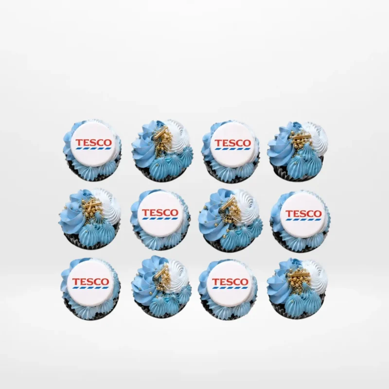 Logo on Cupcakes, Cupcake Delivery Birmingham Cupcakes with edible printed logos displayed on buttercream, prepared for cupcake delivery Birmingham.