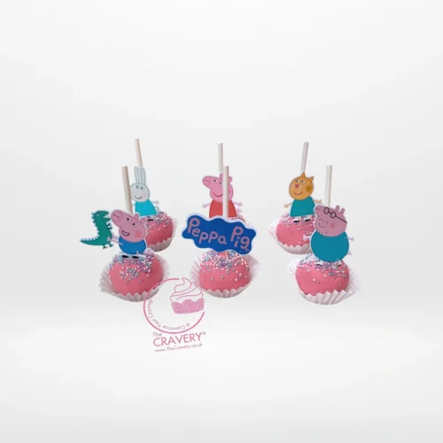 Peppa Pig themed cake pops decorated with vibrant colours from cake Birmingham.