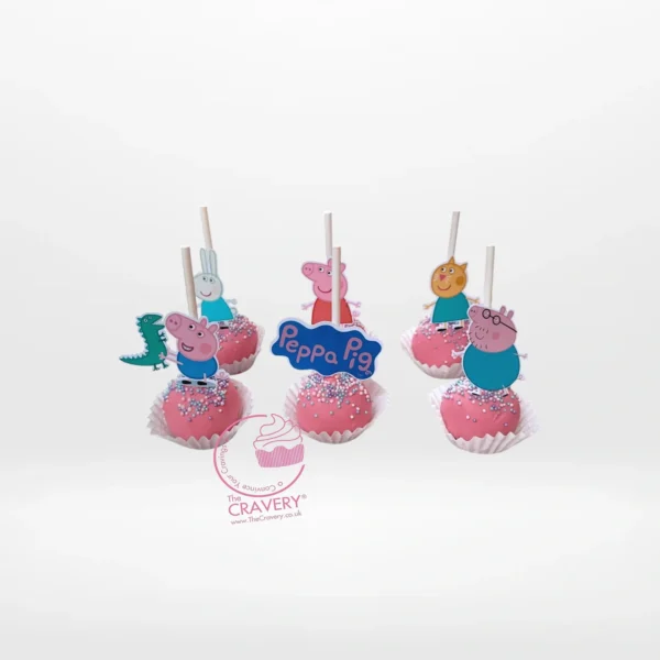 Peppa Pig themed cake pops decorated with vibrant colours from cake Birmingham.
