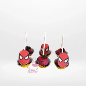 Pop Cakes Spiderman, Cake Shop Handsworth pop cakes Spiderman themed with red and blue character decoration from a cake shop in Handsworth.
