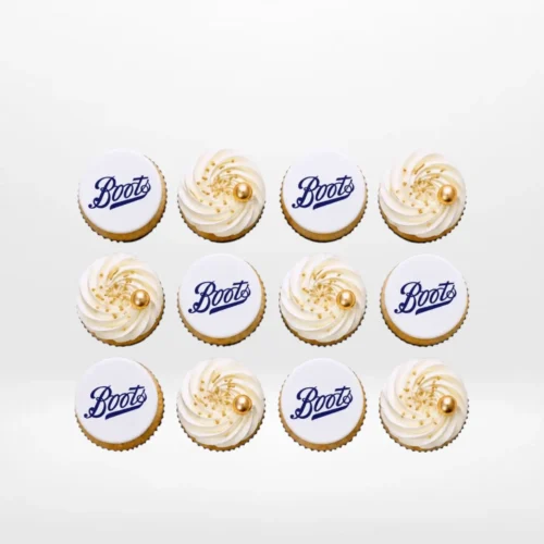 Promotional cupcakes with out edible logo toppers prepared for cupcake delivery in Birmingham.