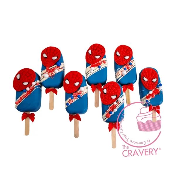 Spiderman themed cakesicles with bold superhero decorations.