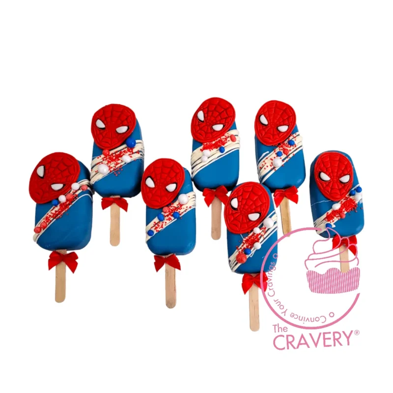 Spiderman Mini Cakesicles, Birthday Cakes Delivered Birmingham Mini Spiderman-themed cakesicles decorated with superhero details.