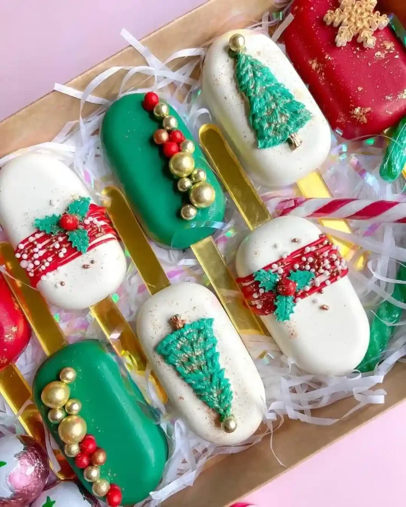 Christmas Cakesicle, Best Cake Shop Birmingham Christmas cakesicle decorated with festive chocolate designs, handcrafted by the best cake shop in Birmingham.