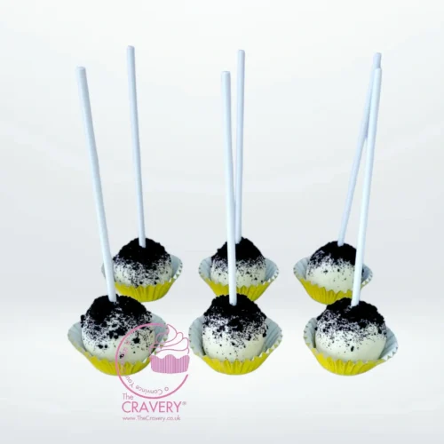 Oreo themed cake pops dipped in chocolate and decorated with Oreo crumbs for delivery in Birmingham.