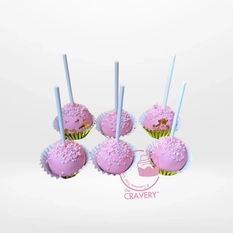 Pink Cake Pop, Cake Shop Sutton Coldfield Pink cake pop with elegant decorations handcrafted at a cake shop in Sutton Coldfield.
