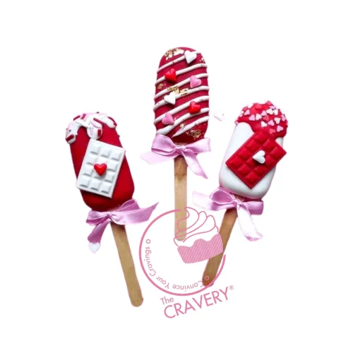 Valentine Cakesicles decorated in romantic designs from a Birmingham cake shop
