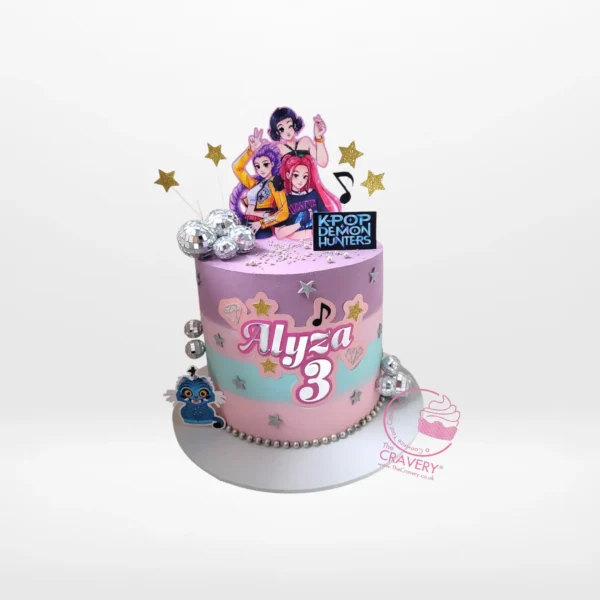 K Pop cake with personalised edible prints and vibrant colours from a cake shop in Birmingham.