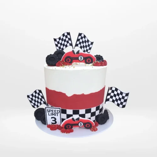Race car cake with bold design and detailed decoration handcrafted in Birmingham.