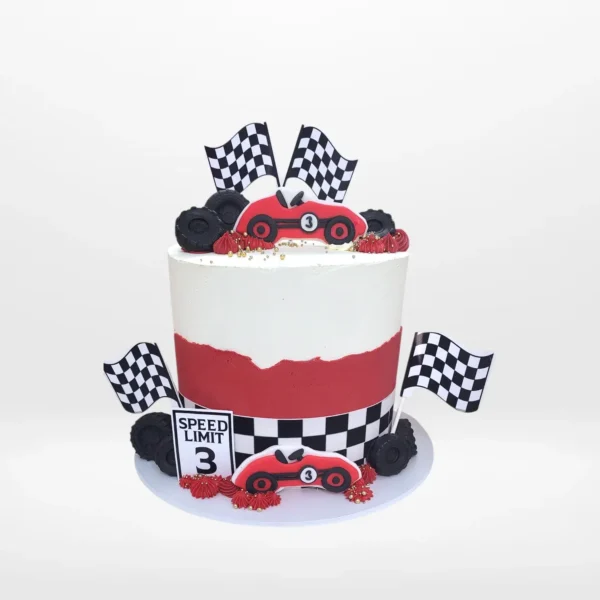 Race car cake with bold design and detailed decoration handcrafted in Birmingham.
