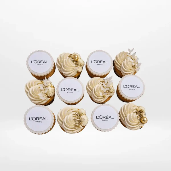 Cupcakes Corporate with branded toppers and smooth buttercream finish handcrafted in Birmingham.