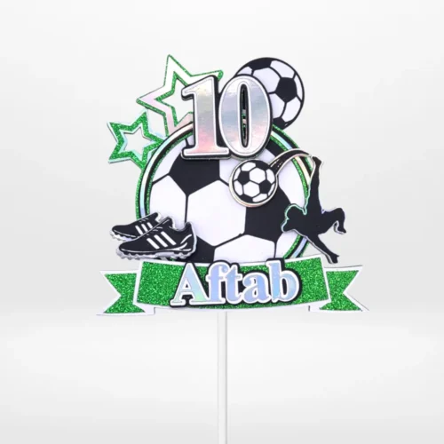 Football Cake Topper Personalised 3D Personalised layered 3D football cake topper with footballs, boots, stars, and player silhouette.