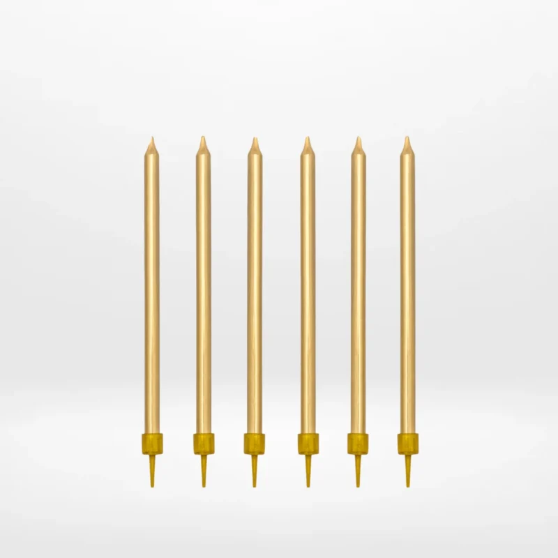 Long gold candles for celebration cakes from Cake Shop Solihull.