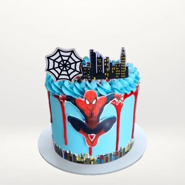 Spider Man drip cake with bold superhero colours and smooth buttercream finish handcrafted in Birmingham.