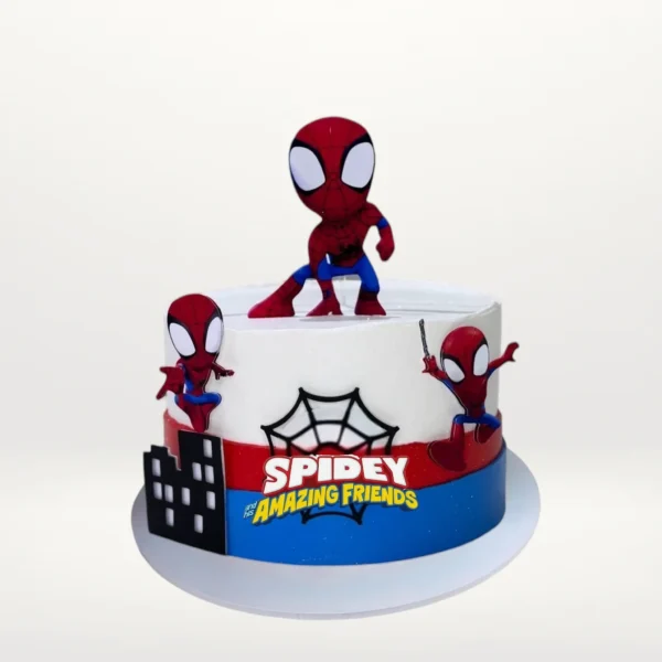Spidey birthday cake with bold superhero colours and smooth buttercream finish handcrafted in Birmingham.
