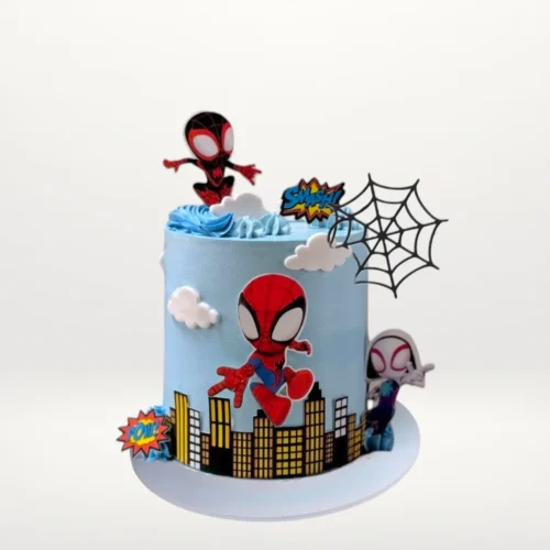 Spidey cake with bold superhero colours and smooth buttercream finish handcrafted in Birmingham.