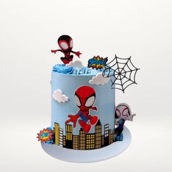 Spidey cake with bold superhero colours and smooth buttercream finish handcrafted in Birmingham.