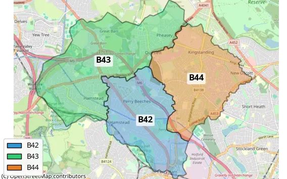 Cake shop Great Barr delivery map showing B42, B43 and B44 postcode areas including Pheasey, Queslett, Hamstead, Perry Beeches and Tower Hill