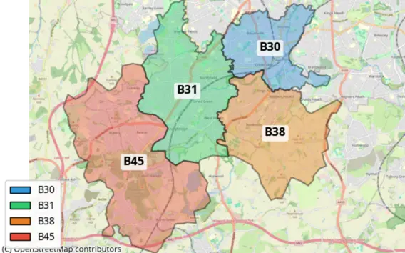 Map showing The Cravery Cakes delivery coverage in Northfield and surrounding Birmingham areas, including B30, B31, B38, and B45 postcodes.