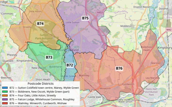 Map showing The Cravery Cakes delivery coverage areas across Sutton Coldfield, including Sutton Coldfield Town Centre, Boldmere, Wylde Green, Four Oaks, Streetly, Walmley, Minworth, Roughley, and surrounding B72, B73, B74, B75, and B76 postcodes.